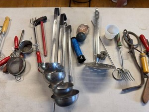 Vintage Kitchen Utensil & Small Tool Lot Ladles Strainers Wood Handles