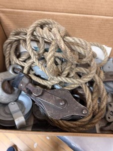 Vintage Pulley Block & Tackle Hardware Lot With Rope and Hooks