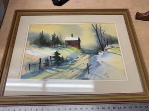 Ray Loos Framed Winter Landscape Oil Pastel Signed Farmhouse Scene