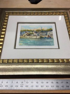 Daniel Huber Honfleur Harbor Scene Framed Watercolor Painting