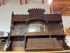 Antique Victorian Oak Pump Organ Upper Cabinet Top Mirror Shelf