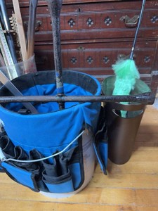 Box Lot of Assorted Cleaning Tools & Hand Tools With Caddy