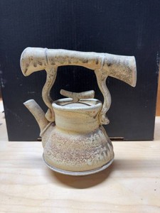Signed Studio Pottery Teapot Branch Handle Art Pottery Beige Glaze