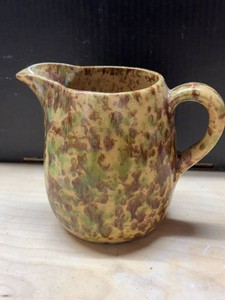 Vintage Unmarked Spongeware Pottery Cream Pitcher Brown Green Glaze