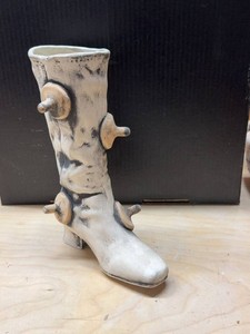 Unmarked Ceramic Tree Trunk Boot Vase Rustic Whitewashed Planter