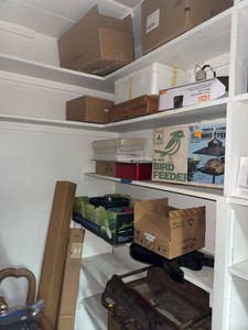 Box Lot of Assorted Household Items Bird Feeder Shelf Decor Stamps