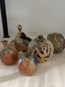 Set of 5 Vintage Studio Art Pottery Bud Vases & Handled Basket