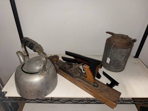 Assorted Vintage Primitive Hand Plane Kettle Oil Can Shelf Brackets