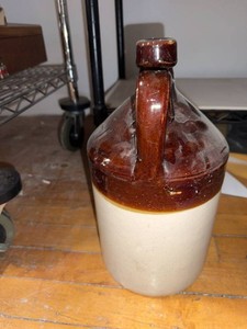 Vintage Two-Tone Glazed Stoneware Whiskey Jug Crock w Handle