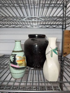 Vintage Asian Porcelain Bud Vases & Black Pottery Jar Decor Group