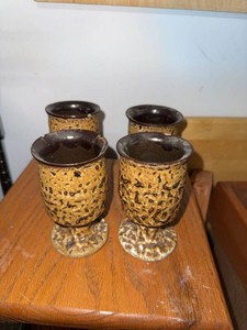 Set of 4 Vintage Studio Pottery Goblets Brown Textured Glaze Cups