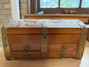 Small Carved Wooden Jewelry Trunk Case With Mirror