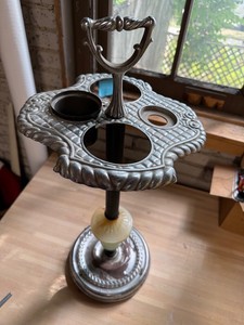 Ornate Vintage-Style Metal Smoking Stand With Cup Holder
