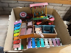 Vintage Wooden Toy Collection Mixed Lot - Carousel, Xylophones & Pull Cart