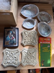 Mixed Lot 4 Abalone Shells, 3 Floral Panels, Icon & Hap & Hop Game