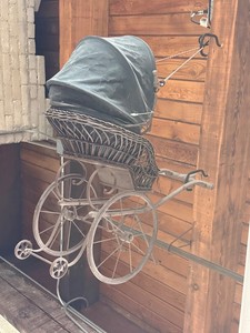 Antique Wicker Baby Buggy With Covered Canopy