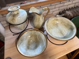 Decorative Marbled Vase, Pitcher & Bowls With Stands (Lot of 4)