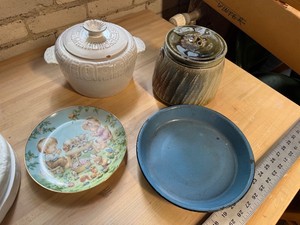 Ruth J. Morehead Plate, Covered Crocks & Blue Bowl Mixed Lot