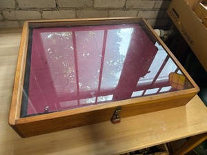 Wooden Glass-Top Display Case With Burgundy Lining