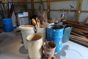 Assorted Lawn Care and Barrels - Driveway Markers, Rakes