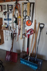 Assorted Tools - Shovels, Square, Cutters, Weed Whip
