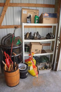 Plastic Shelf with Contents - Lawn Care Tools, Saws