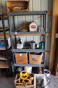 Plastic Shelf with Contents - Hose Nozzles, Sprinklers, Grinder