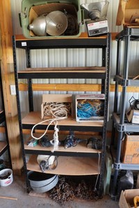 Metal Shelf with Contents - Lights, Heater, Rope, Drill, Jig Saw