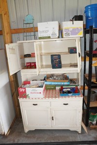 Antique Wooden Cabinet and Contents - Filters, Vintage Tins, Assorted Home Dcor