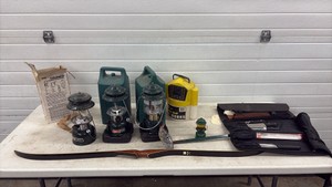 3 Coleman lanterns, bow, cologne, knife set