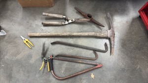 Pickax, crowbars, garden tools, Saw