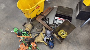 Ratchet straps, mop bucket, squares, dart supplies