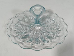 Jeanette MCM Feather Glass Aqua Blue Tidbit Tray wHolder