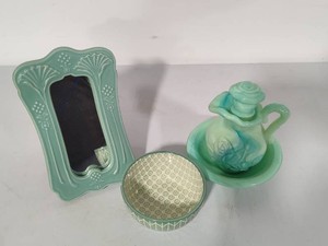 Avon Jadeite Green Swirl Glass PitcherBowl, Nut Bowl & Small Mirror