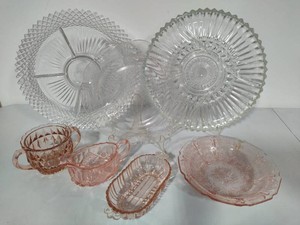 Pink Depression Glass & Clear Glass ServingRelish Platters
