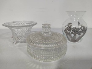 Sea Gull Iris Pewter Overlay Vase, Diamond Cut Lidded Trinket Dish wLid & Three-Footed Bowl