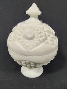McKee Kemble Hobstar Covered Milk Glass Pedestal Covered Dish