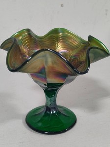 Fenton Carnival Glass Peacock Tail Pedestal Compote