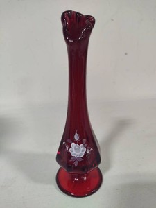 Fenton Ruby Red Swung Glass Hand Painted Bud Vase