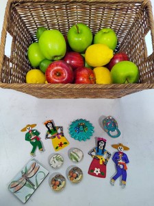 Refrigerator Magnets & Basket Full of Faux Fruit