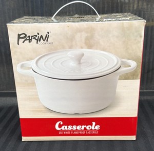 Brand New Parini cookware casserole 2 quart white flameproof casserole