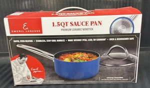 Brand New Emeril Lagssse 1.5 quart saucepan, premium ceramic nonstick with glass lid