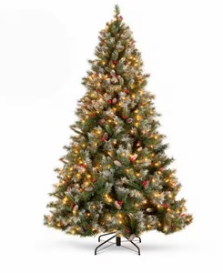 New - The Best Choice Products 6 ft. Flocked Pre-Lit Pine Artificial Christmas Tree (Model SKY5880) is a pre-decorated holiday tree featuring warm white lights, pine cones, and berries.