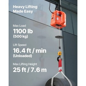 VEVOR 3-in-1 Electric Hoist Winch, 1100 lbs Capacity, 1500W Portable Electric Power Winch, 25 ft Lifting Height, 16.4 ftmin with Manual, Wired & Wireless Remote Control for Factory, Warehouss, Garage