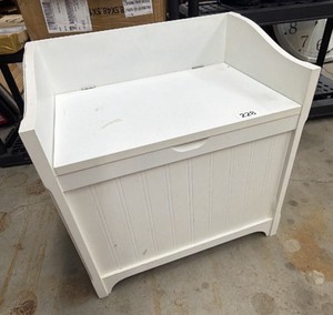 This is a white wooden storage chestbench  it has a hinged lid that lifts open stands 22 inches tall 21 inches wide 14 inches deep