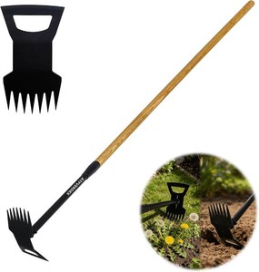 60 Wood Handle Weed Puller Tool, 7-Tine Garden Hoe, Secure Fit, No Bending