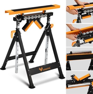 WORKESS 4 in 1 Roller Stand, Stable 440 Lbs Load Capacity with Saw Horses, V-Shaped, Multi-Directional Rollers & Outfeed Roller, Adjustable Height 33- 50, Folding for Woodworking