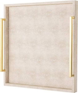 Large Ottoman Tray for Coffee Table,Square Shagreen Leather Decorative Tray with Gold Handles for Living Room Decor