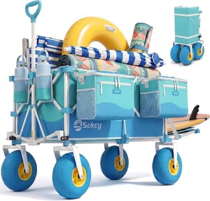$200 Sekey Heavy Duty Beach Wagon with 9 Big Sand-Proof Wheels, 300L Oversized Foldable Beach Cart with Cooler Adjustable Handle & Balloon Tires for Sand, Camping,Vacation