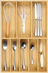 Fabsome Silverware Organizer for Kitchen Drawers, 2.5 Deep 12.8 Wide Bamboo Wood Flatware Tray with Deep Slots for Large Cutlery Utensil Drawer